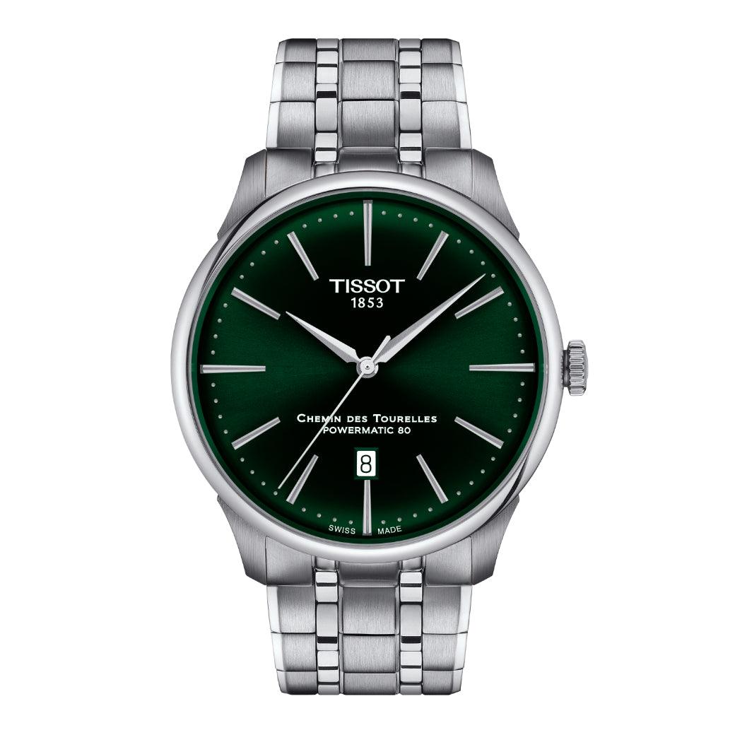Tissot Chemin des Tourelles Powermatic 80 42 mm mit grünem Zifferblatt und Stahlarmband, Modell T1394071109100