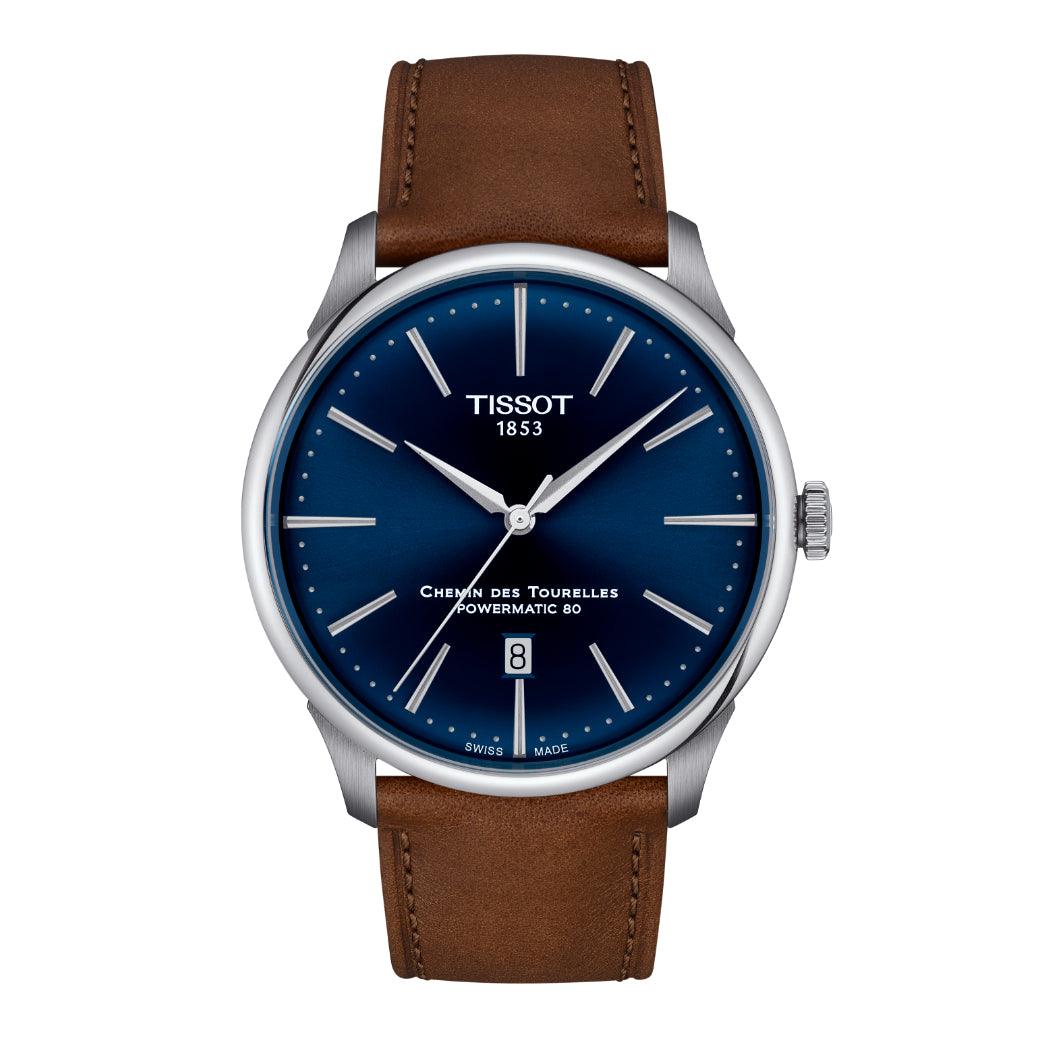 Tissot Chemin des Tourelles Powermatic 80 42 mm mit blauem Zifferblatt und braunem Lederarmband, Modell T1394071604100.