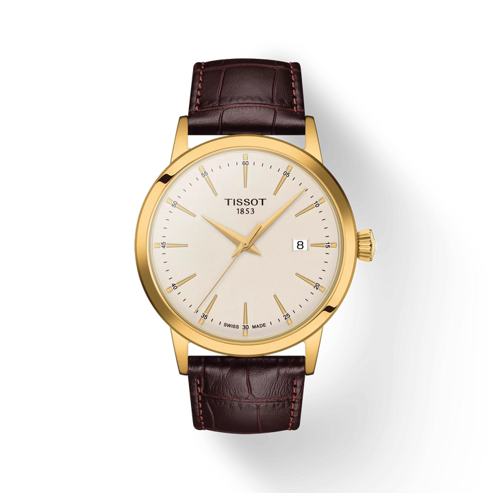 Tissot Classic Dream 42 mm Gold PVD mit braunem Lederarmband, elegantes Zifferblatt, Modell T1294103626100