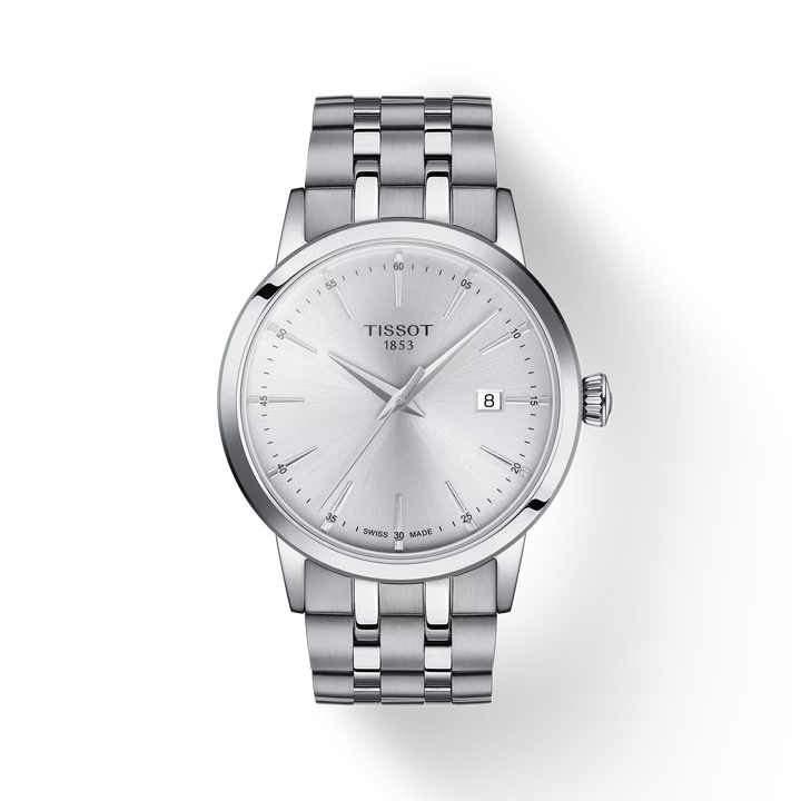 Tissot Classic Dream 42 mm Stahlarmbanduhr mit silbernem Zifferblatt und Datumsanzeige. Modell T1294101103100