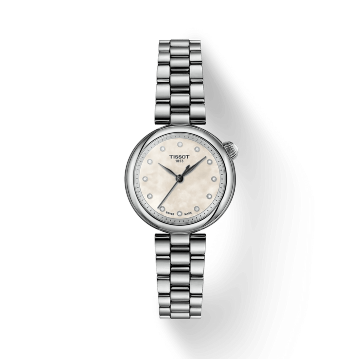 Tissot Desir 28 mm Perlmuttzifferblatt und Diamanten in Stahl mit eleganter Kette. Modell T1520101111600