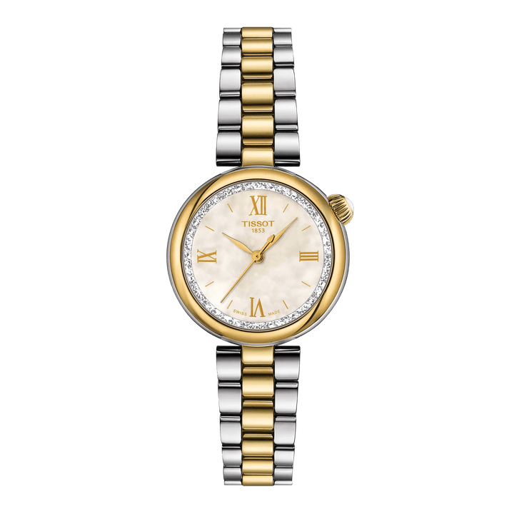 Tissot Desir 28 mm PVD mit Perlmuttzifferblatt, zweifarbigem Stahlarmband und goldfarbenen Details. Modell T1520102211801