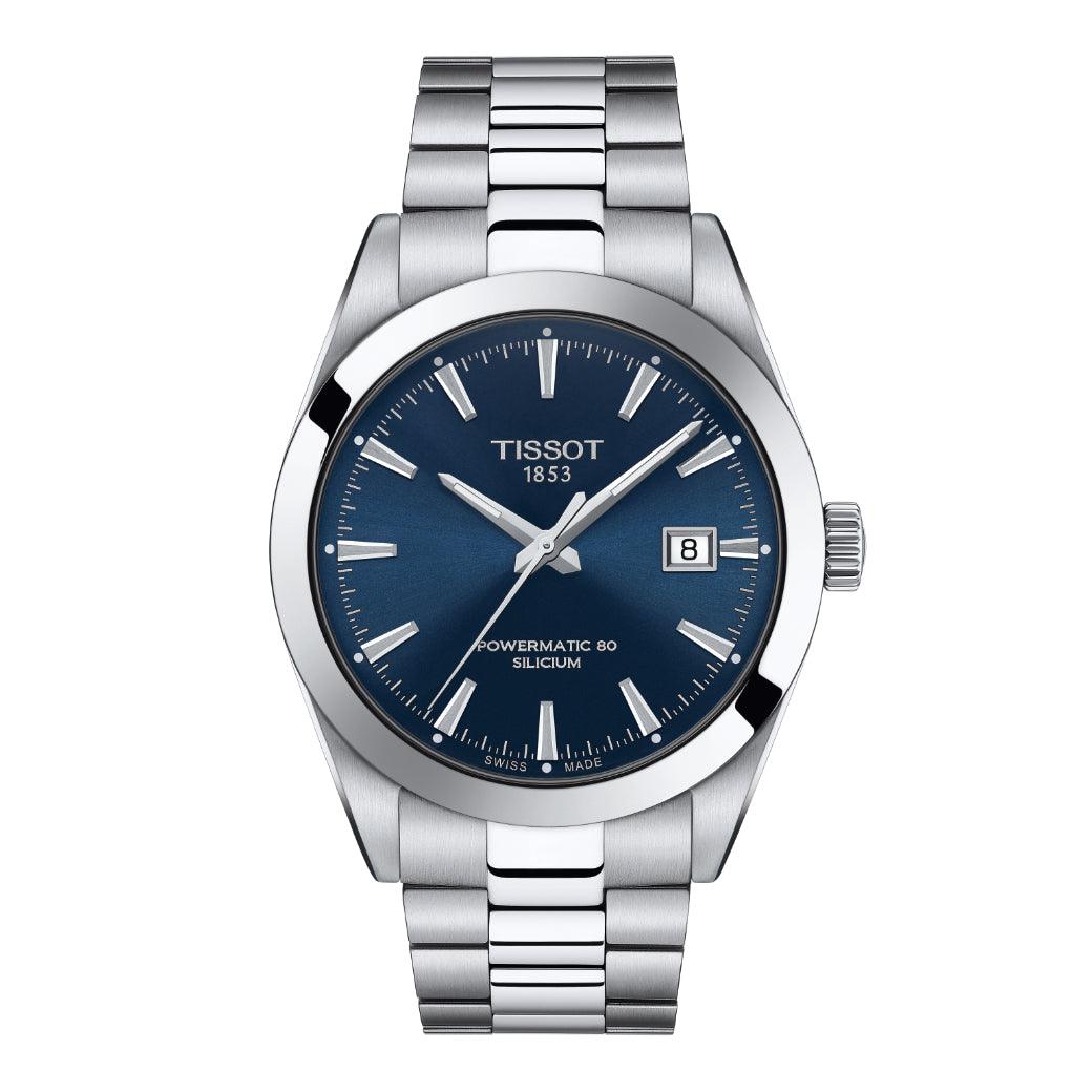 Tissot Gentleman Powermatic 80 Herrenuhr aus Silikon mit blauem Zifferblatt und Stahlkette, Modell T1274071104100.