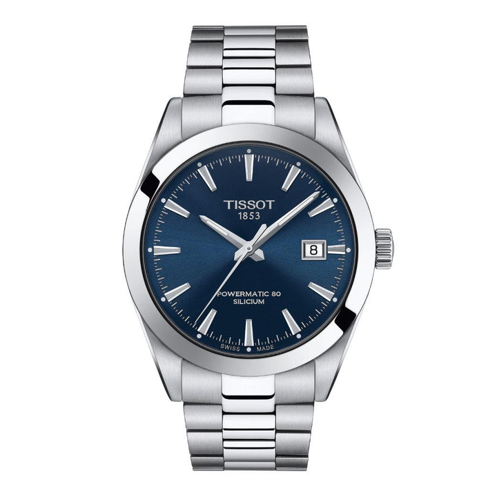 Tissot Gentleman Powermatic 80 Herrenuhr aus Silikon mit blauem Zifferblatt und Stahlkette, Modell T1274071104100.
