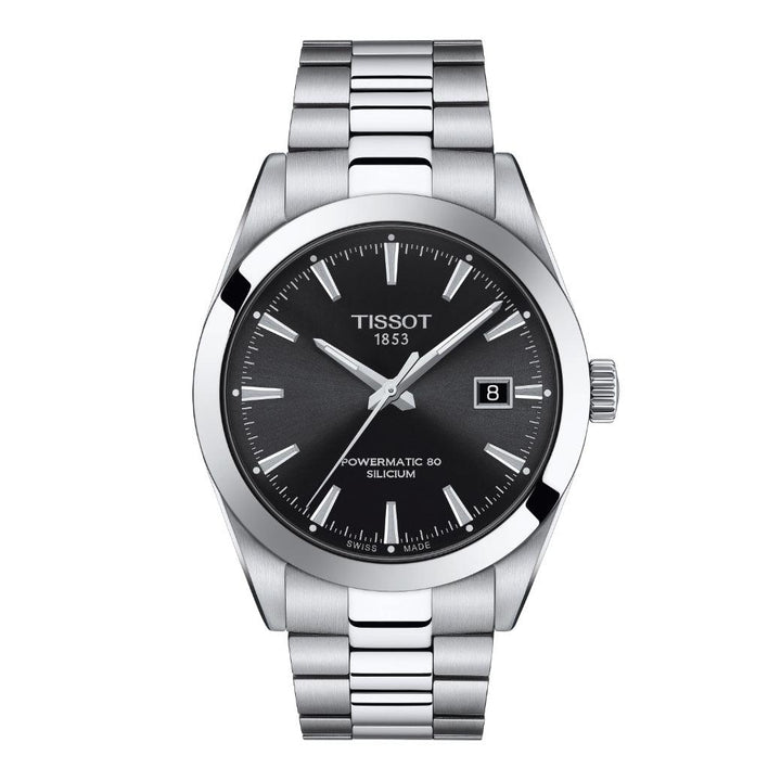 Tissot Gentleman Powermatic 80 Silicon mit schwarzem Zifferblatt und silberner Stahlkette, Modell T1274071105100.