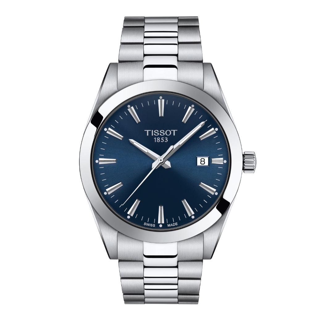 Tissot Gentleman mit blauem Zifferblatt und Stahlkette, elegante und moderne Herrenuhr. Modell T1274101104100