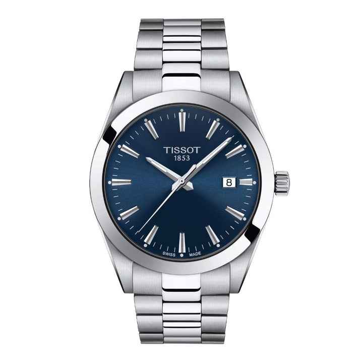 Tissot Gentleman mit blauem Zifferblatt und Stahlkette, elegante und moderne Herrenuhr. Modell T1274101104100