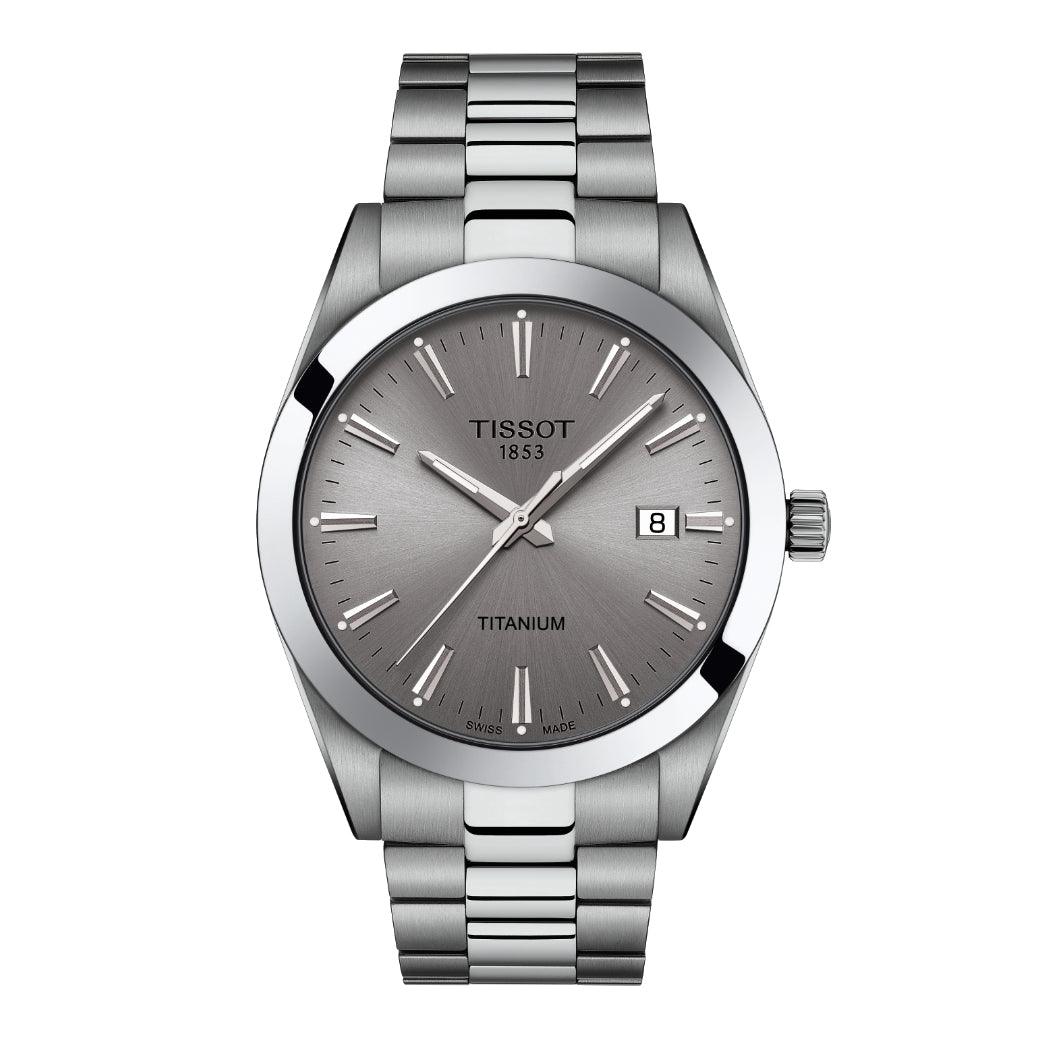 Tissot Gentleman Titan mit grauem Zifferblatt, Stahlkette und klarer Datumsanzeige. Modell T1274104408100.