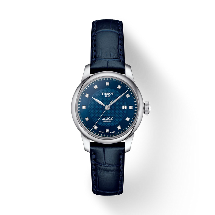 Tissot Le Locle 29 mm mit blauem Zifferblatt, Lederarmband und Diamantindizes, Modell T0062071604600.