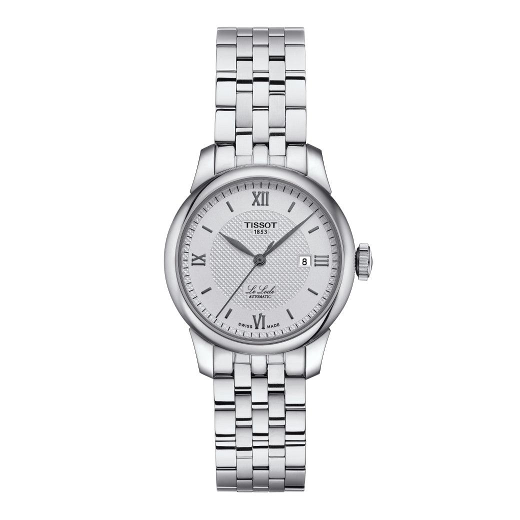 Tissot Le Locle Automatic Lady 29mm zeigt eine elegante silberne Damenuhr aus Stahl mit römischen Ziffern. Modell T0062071103800.