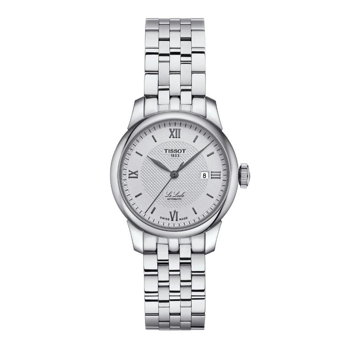 Tissot Le Locle Automatic Lady 29mm zeigt eine elegante silberne Damenuhr aus Stahl mit römischen Ziffern. Modell T0062071103800.