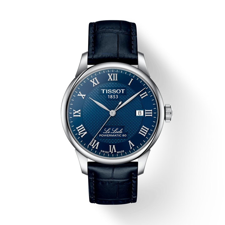 Tissot Le Locle Powermatic 80 mit blauem Zifferblatt, silbernen Details und dunkelblauem Lederarmband. Modell T0064071604300