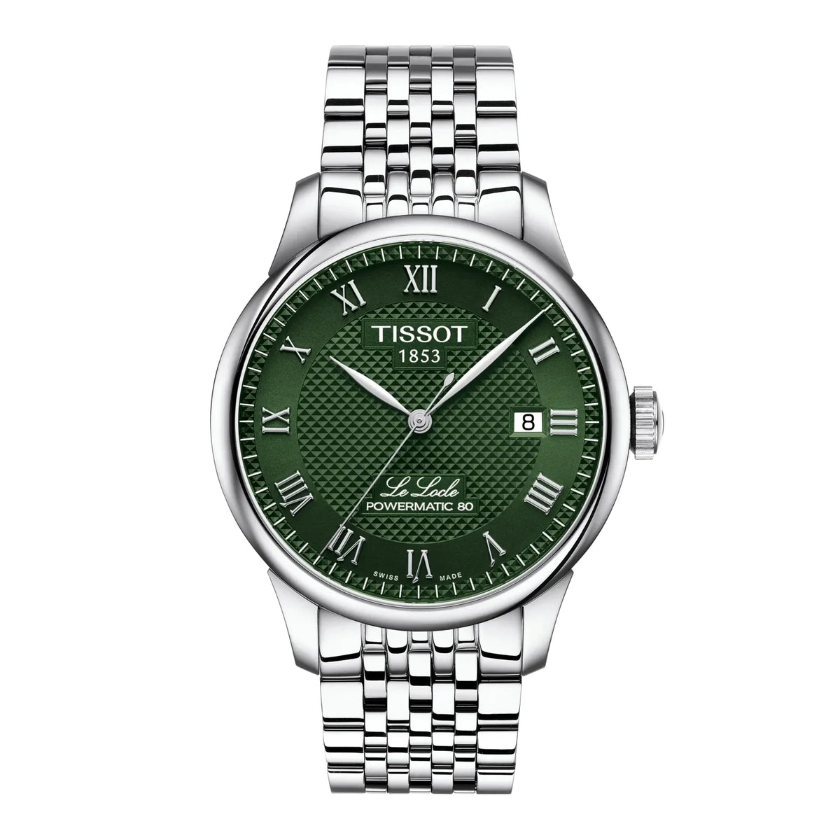 Tissot Le Locle Powermatic 80 mit grünem Zifferblatt und silbernem Armband, klassische Herrenuhr. Modell T0064071109300