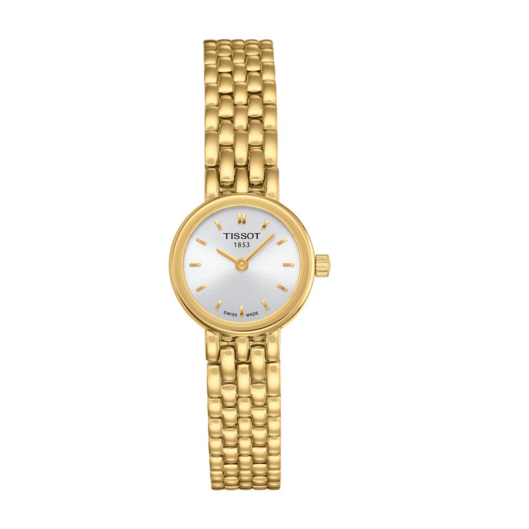 Tissot Lovely T0580093303100 zeigt eine elegante Damenuhr in Gold mit silbernem Zifferblatt. Modell T0580093303100.