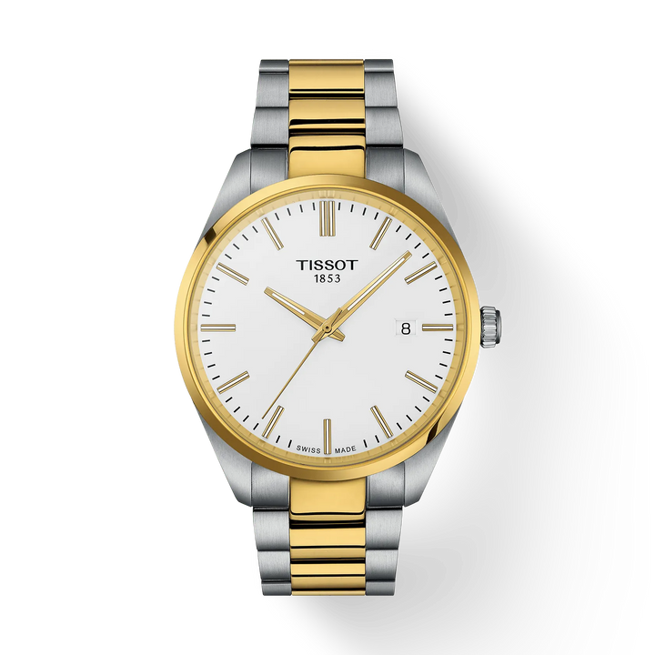 Tissot PR 100 40 mm goldenes PVD-Stahlglied, elegante Uhr in Silber und Gold mit weißem Zifferblatt. Modell T1504102201100