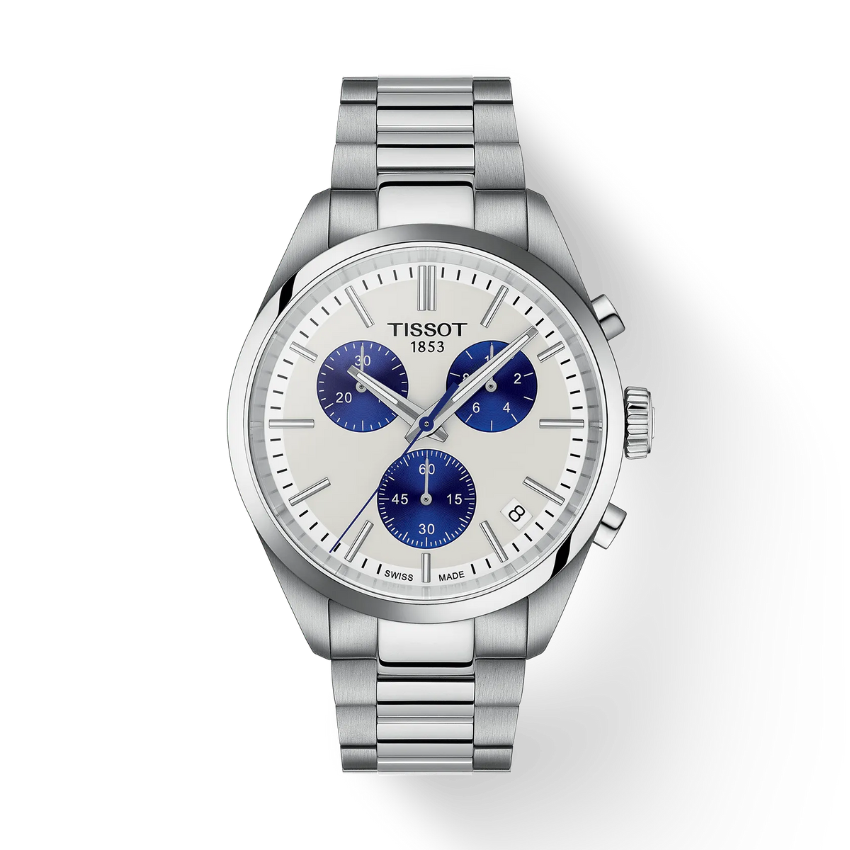 Tissot PR 100 Chronograph 40 mm Stahlarmband mit silbernem Zifferblatt und blauen Chronographen. Modell T1504171101100