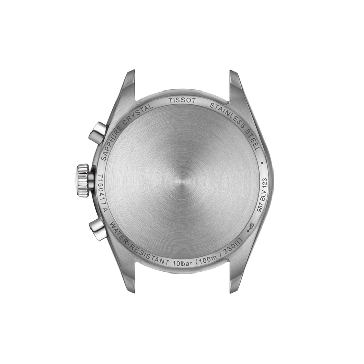 Tissot PR 100 Chronograph 40 mm Stahlkettenboden mit gebürstetem Stahlfinish, detailliertes Uhrengehäuse. Modell T1504171101100