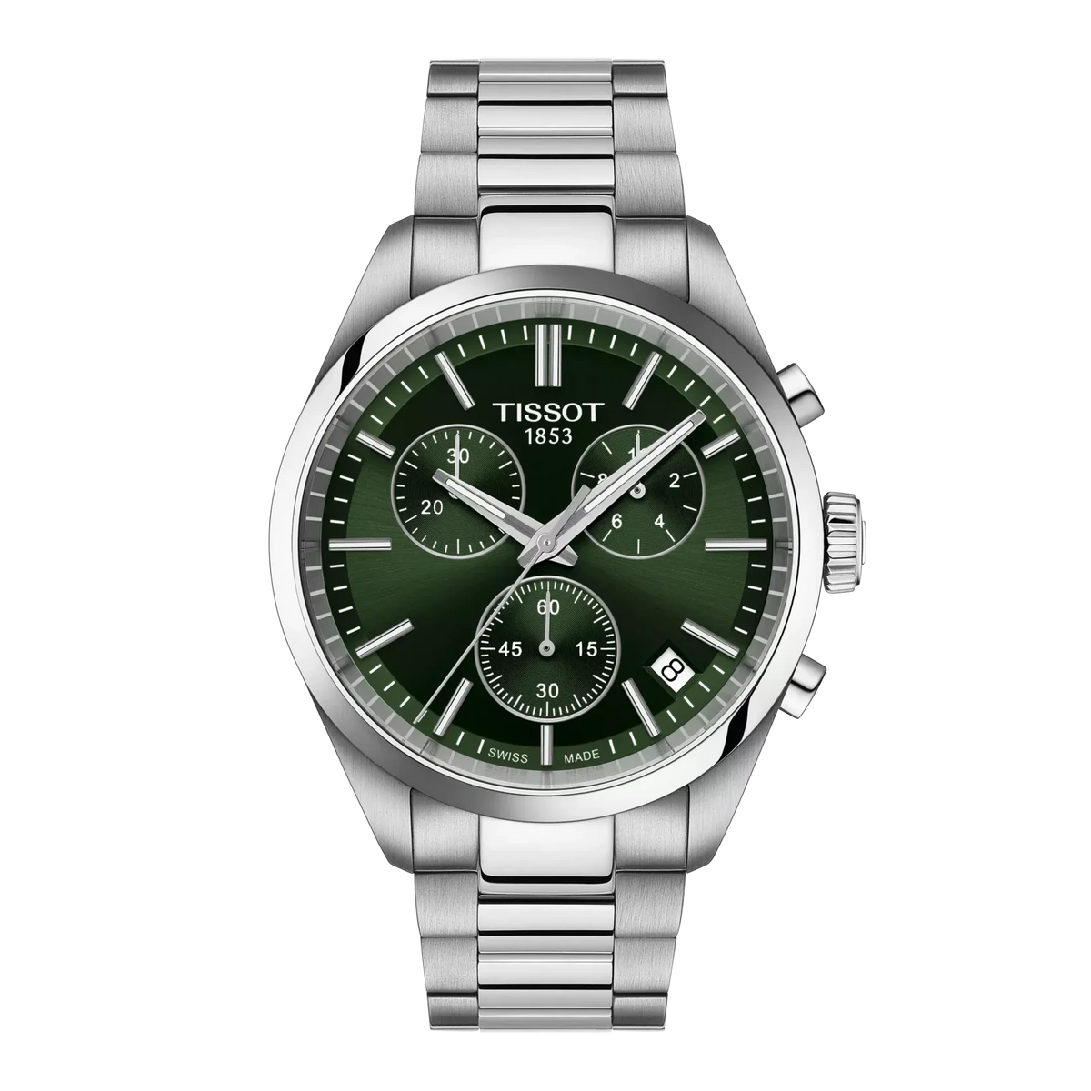 Tissot PR 100 Chronograph mit grünem Zifferblatt und Stahlkette, Vorderansicht. Modell T1504171109100