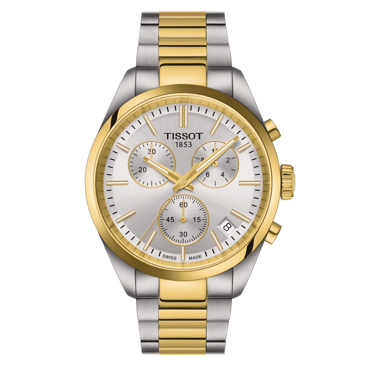 Tissot PR 100 Chronograph PVD mit silbernem Zifferblatt, zweifarbigem Stahlarmband, Modell T1504172203100