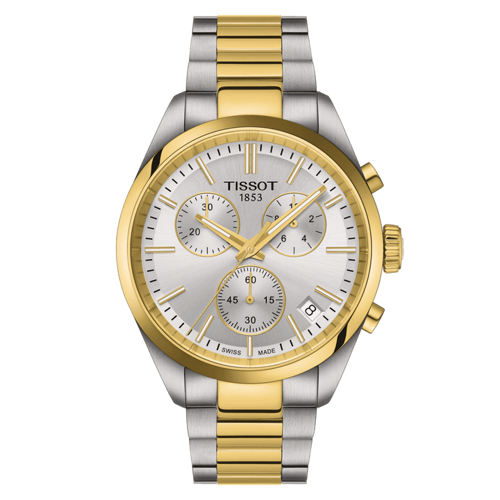Tissot PR 100 Chronograph PVD mit silbernem Zifferblatt, zweifarbigem Stahlarmband, Modell T1504172203100