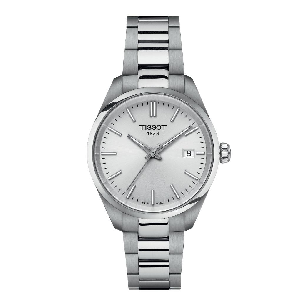 Die Tissot PR 100 T1502101103100 präsentiert sich als elegante Herrenuhr aus Edelstahl mit silbernem Zifferblatt. Modell T1502101103100