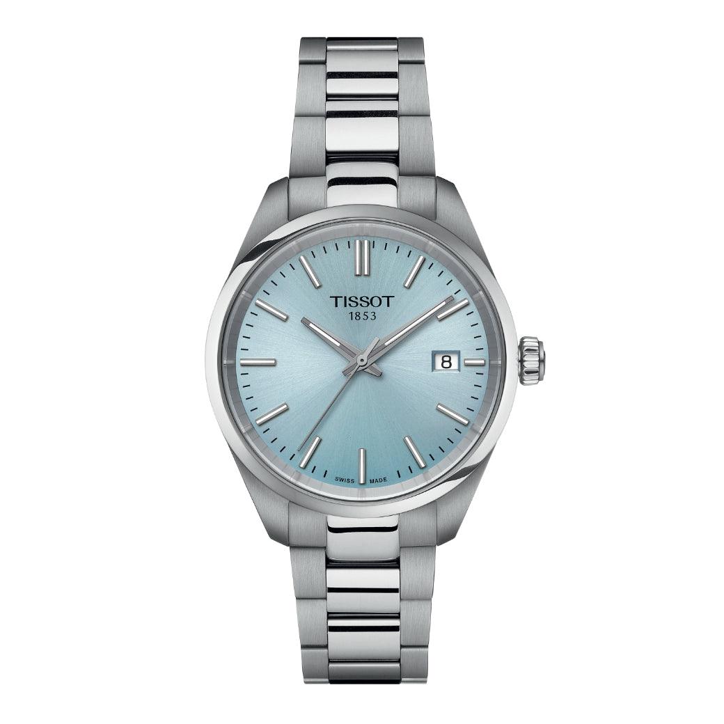 Tissot PR 100 mit Stahlarmband und hellblauem Zifferblatt, schlichtem Design und Datumsanzeige. Modell T1502101135100