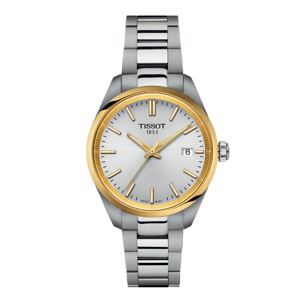 Tissot PR 100 zeigt eine zweifarbige Uhr aus Stahl mit goldfarbener Lünette und silbernem Zifferblatt, Modell T1502102103100.