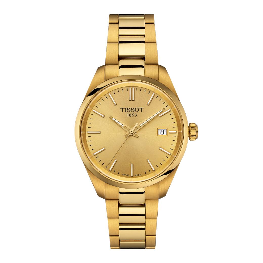 Tissot PR 100 T1502103302100 zeigt eine elegante Armbanduhr aus goldfarbenem Stahl mit Datum und klassischem Zifferblatt. Modell T1502103302100