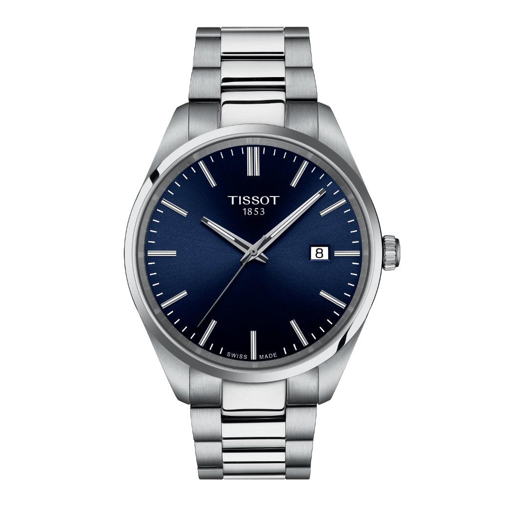 Tissot PR 100 T1504101104100 zeigt eine elegante Herrenuhr mit blauem Zifferblatt und Stahlarmband. Modell T1504101104100