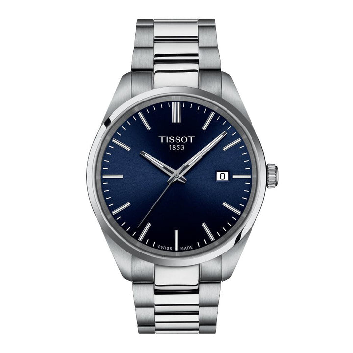 Tissot PR 100 T1504101104100 zeigt eine elegante Herrenuhr mit blauem Zifferblatt und Stahlarmband. Modell T1504101104100