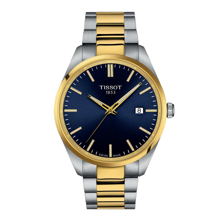 Tissot PR 100 t1504102204100 zeigt eine Uhr mit blauem Zifferblatt und zweifarbigen Stahl- und Golddetails. Modell t1504102204100.