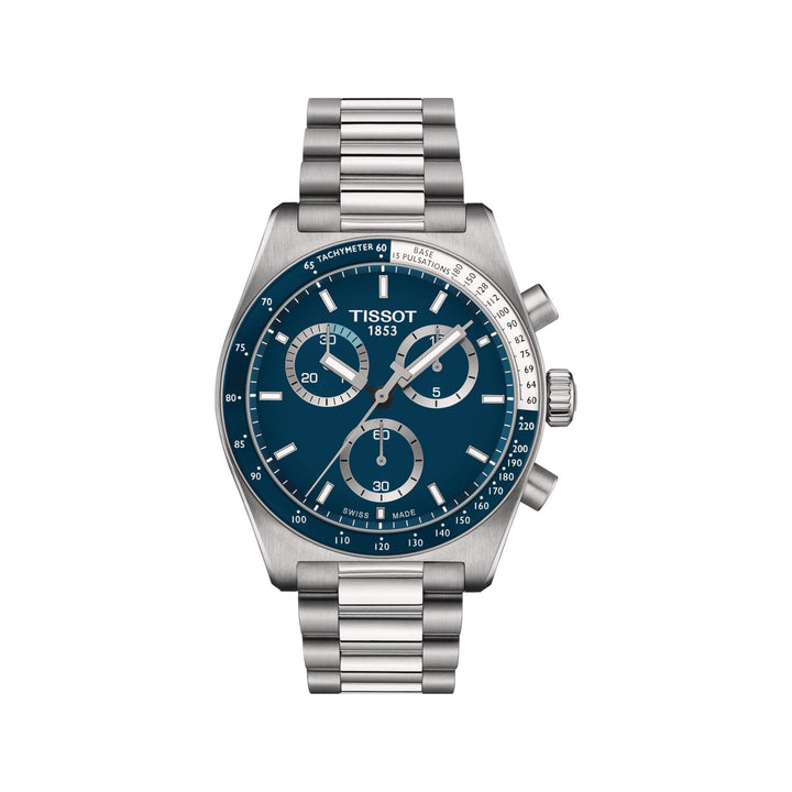 Tissot PR516 Chronograph mit blauem Zifferblatt und Stahlkette, sportliches Design. Modell T1494171104100.