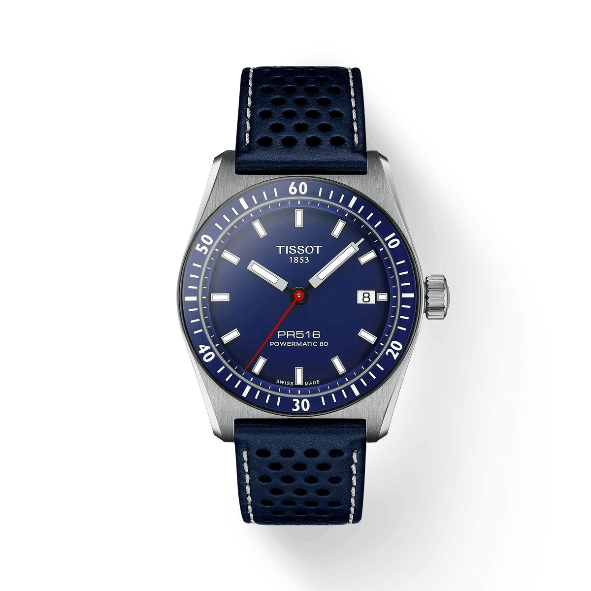Tissot PR516 Powermatic 80 mit blauem Zifferblatt und blauem perforiertem Lederarmband. Modell T1494071604100.
