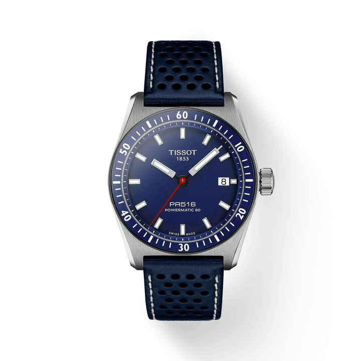 Tissot PR516 Powermatic 80 mit blauem Zifferblatt und blauem perforiertem Lederarmband. Modell T1494071604100.