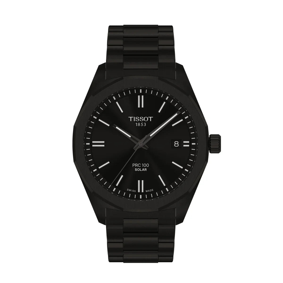 Tissot PRC 100 Solar Quartz 39 mm, schwarzes Zifferblatt und schwarze Stahlkette, Modell T1514223305100.