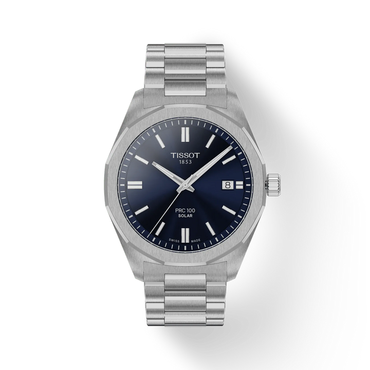 Tissot PRC 100 Solar Quartz 39 mm mit blauem Zifferblatt und Stahlkette, Modell T1514221104100.