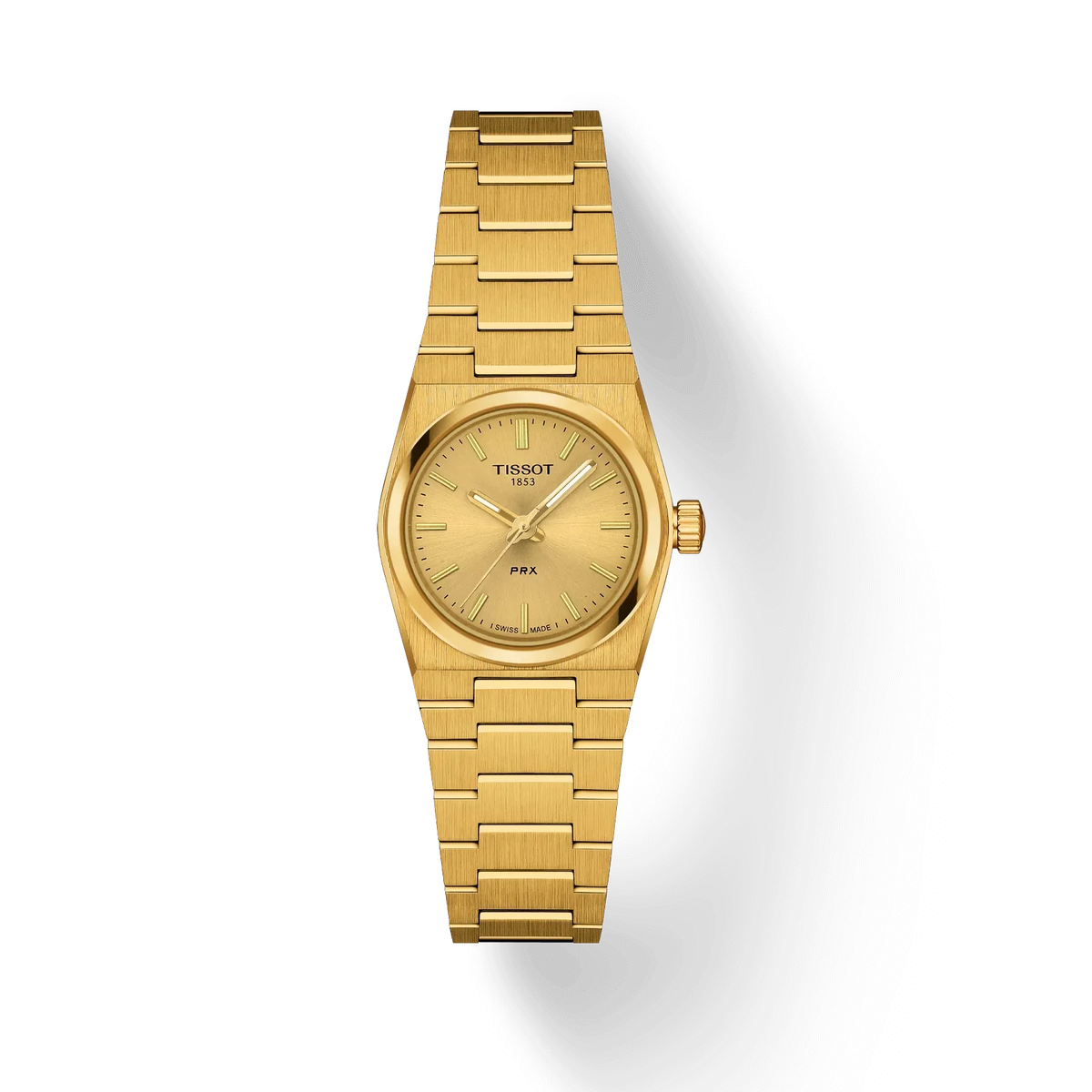 Tissot PRX 25 mm Gold PVD Champagne Dial, Armbanduhr aus goldfarbenem Stahl mit champagnerfarbenem Zifferblatt. Modell t1370103302100