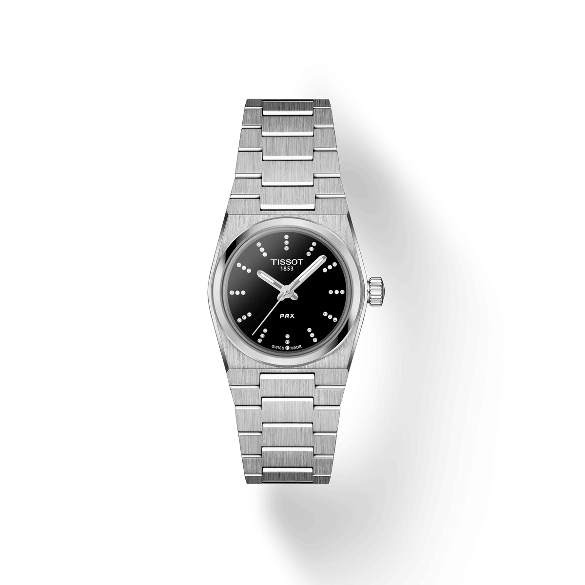 Tissot PRX 25 mm schwarzes Zifferblatt mit Diamanten, Uhr und Armband aus Stahl. Modell T1370101105600