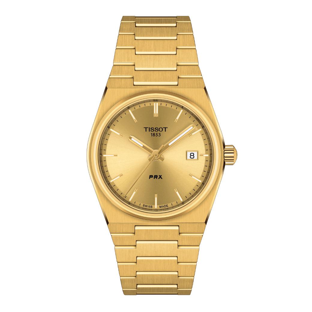 Tissot PRX 35 mm Gold-PVD-Uhr mit integrierter Kette und goldfarbenem Zifferblatt. Modell T1372103302100.