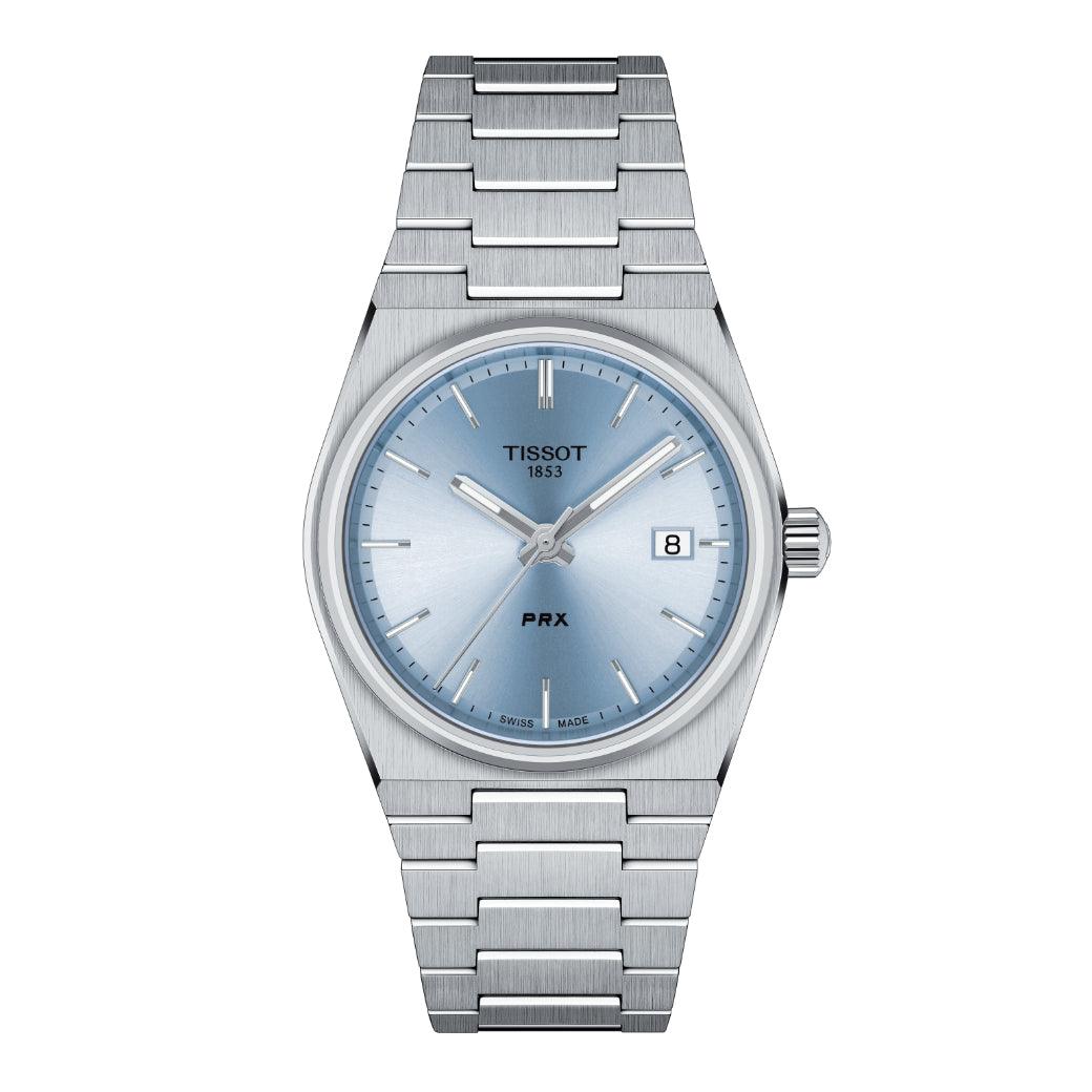 Hellblaue Herrenuhr Tissot PRX mit 35-mm-Zifferblatt, Edelstahlkette und Datumsanzeige. Modell T1372101135100.
