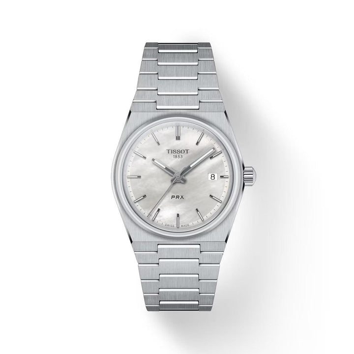 Tissot PRX 35-mm-Zifferblatt mit weißem Perlmutt auf Stahlglied, elegantes Titelbild. Modell T1372101111100