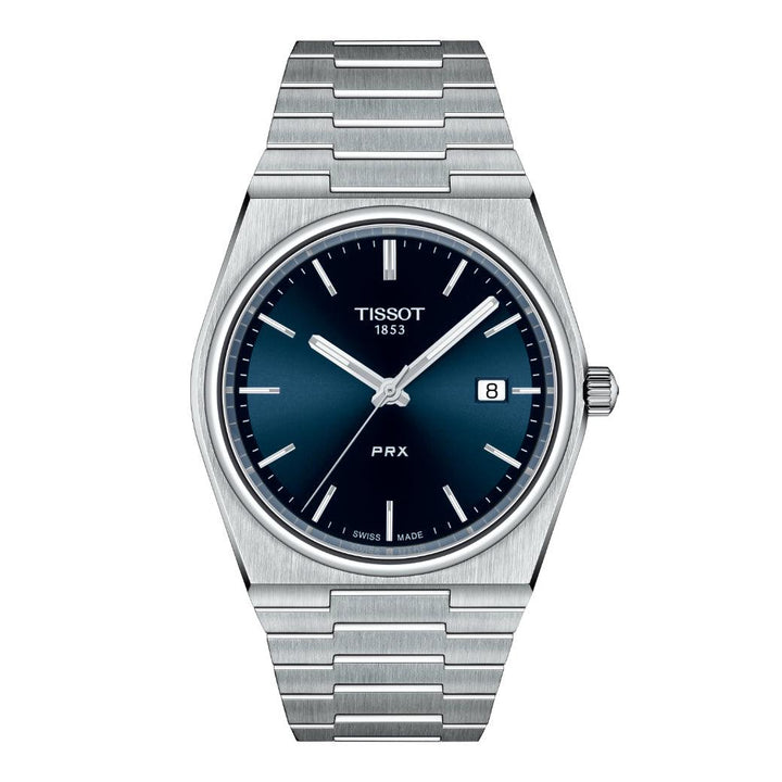 Tissot PRX 40 mm mit blauem Zifferblatt und Stahlkette, klassische Herrenuhr mit Datum. Modell T1374101104100.