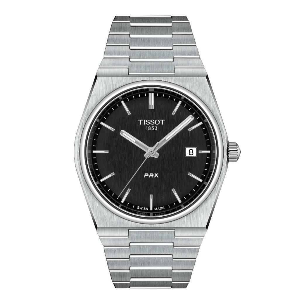 Tissot PRX 40 mm schwarzes Zifferblatt mit Stahlkette, minimalistisches Design, Modell T1374101105100.