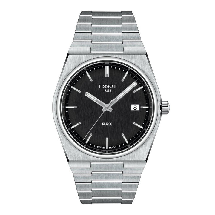 Tissot PRX 40 mm schwarzes Zifferblatt mit Stahlkette, minimalistisches Design, Modell T1374101105100.