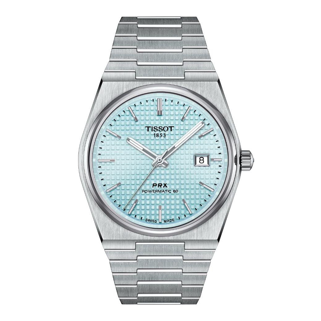Tissot PRX Powermatic 80 Ice Blue Uhr mit Stahlarmband, eisblauem Zifferblatt und Datum. Modell T1374071135100.