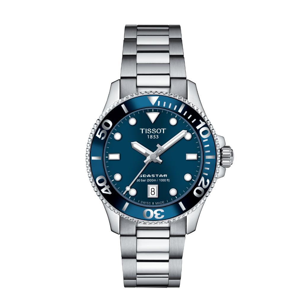 Tissot Seastar 1000 36-mm-Uhr mit blauem Zifferblatt, Stahlglied und Datum, Modell T1202101104100