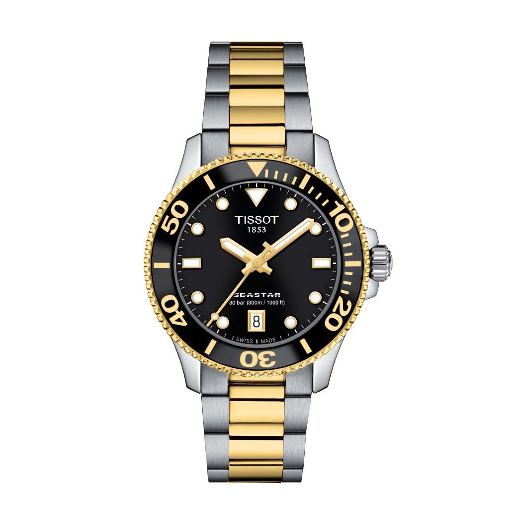 Tissot Seastar 1000 36 mm mit schwarzem Zifferblatt, goldfarbenen Details und zweifarbiger Kette. Modell T1202102205100