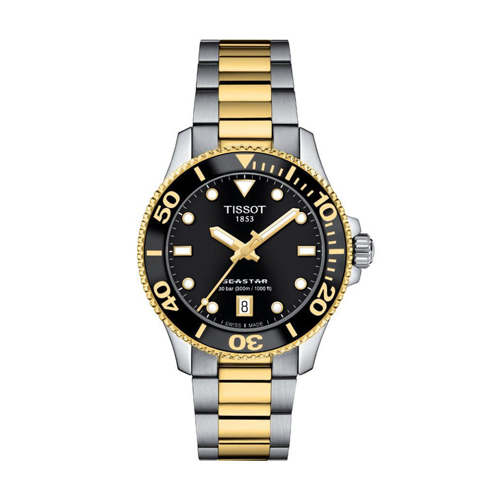 Tissot Seastar 1000 36 mm mit schwarzem Zifferblatt, goldfarbenen Details und zweifarbiger Kette. Modell T1202102205100