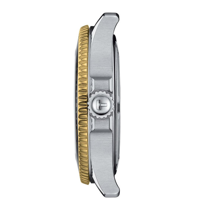 Tissot Seastar 1000 36 mm von der Seite gesehen mit silberfarbenem Gehäuse und goldfarbener Lünette, Modell T1202102205100