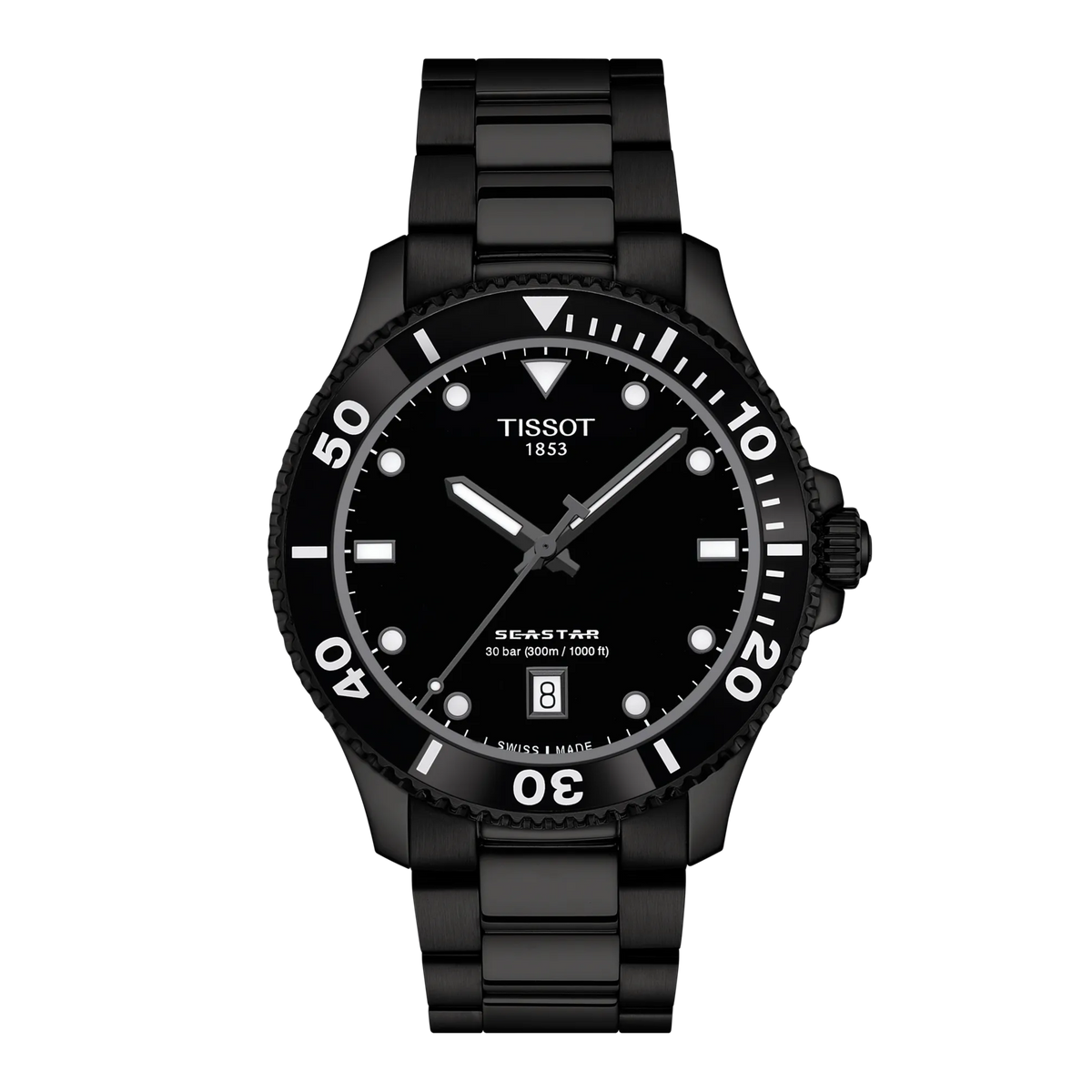 Tissot Seastar 1000 40 mm schwarze PVD-Uhr mit schwarzem Zifferblatt und Stahlkette, Modell T1204103305100.